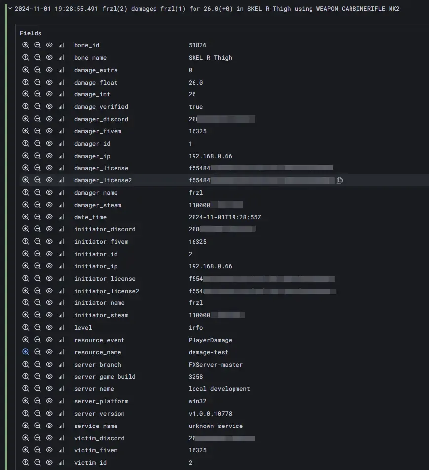 View of rich metadata for single Loki/Grafana damage log